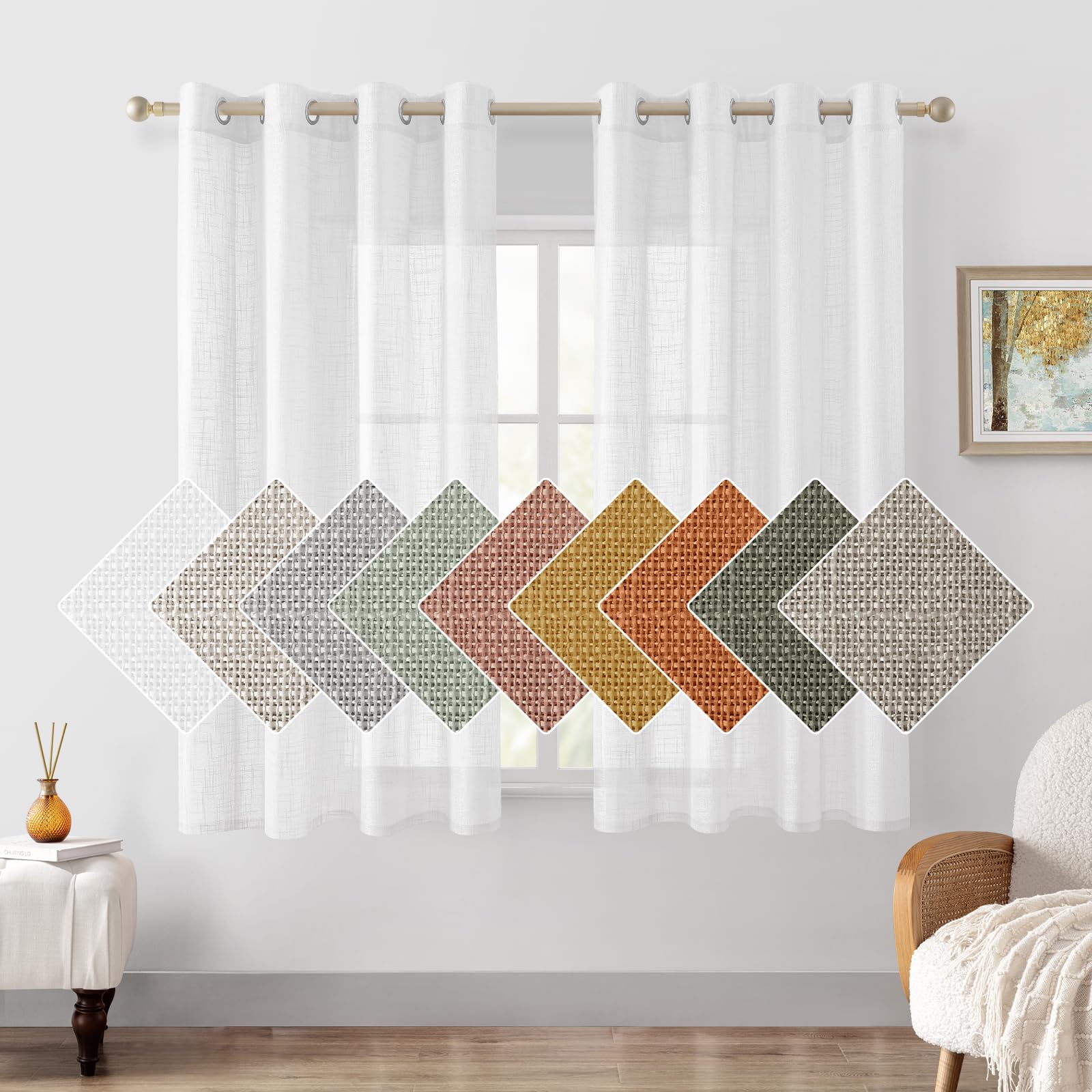 HOMEIDEAS White Linen Sheer Curtains 63 Inches Long 2 Panels Textured Semi Sheer Curtains Farmhouse Curtains Sheer Privacy Windo
